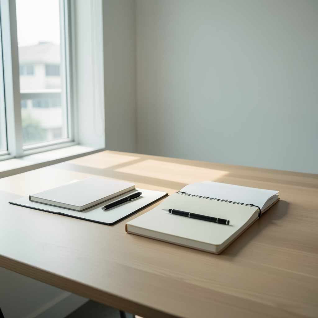 Areno Journal editorial studio in Jakarta, clean minimal desk setup with natural light and notebooks